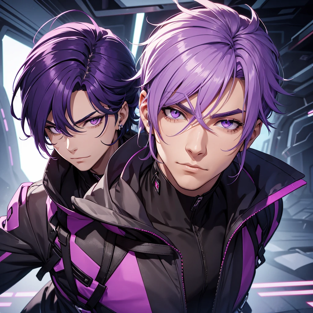 make a man with purple hair. he must have orange eyes and be in a futuristic setting. he must have a mask.