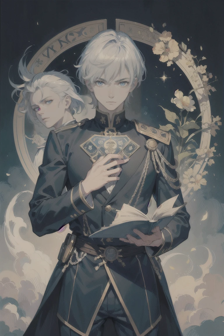 ((Highest quality)), ((masterpiece)), (detailed), 1 male, Adult, \(Tarot\),Symbolism,Visual Arts,occult,universal,Vision Casting,philosophical,Iconography,Number secrets,Popularity,Artistic, Alphonse Mucha, Silver Hair,Beautiful young man,(Short hair that is not trimmed),Bangs sideways flowing,blue eyes,2 block haircuts,Cold Stare,(uniform),20-year-old male,adult