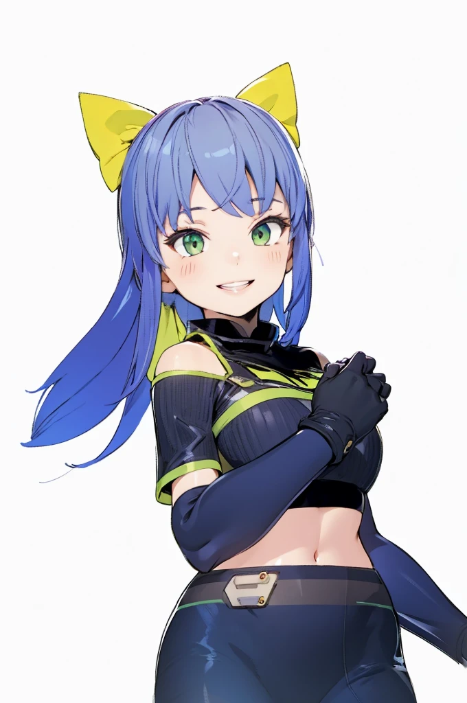 beautiful girl,smile,happy,Black Gloves,Slim fit,Green Eyes,Blue Hair,Yellow ribbon,4K,8K,Highest quality