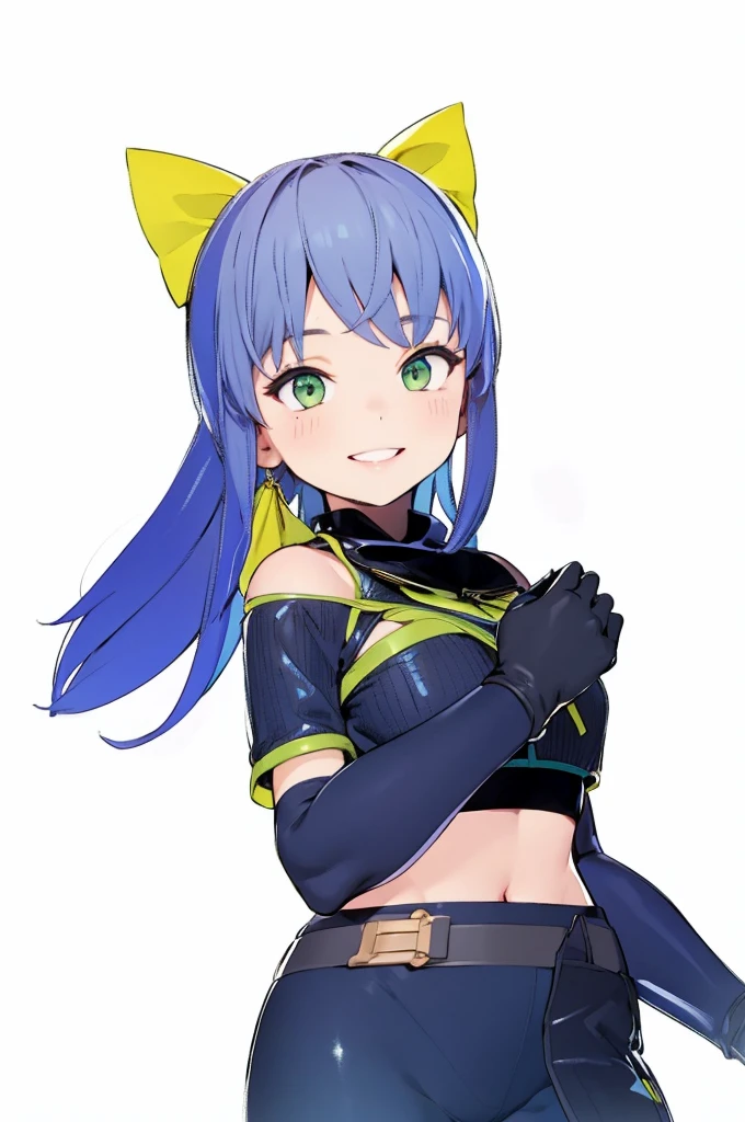 beautiful girl,smile,happy,Black Gloves,Slim fit,Green Eyes,Blue Hair,Yellow ribbon,4K,8K,Highest quality