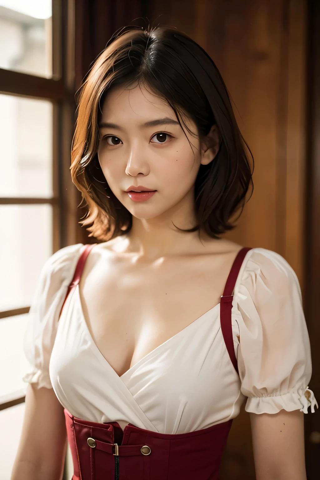 (((Flat Chest、very Small breasts))),(Slender body),(((Flat Chest,Small breasts、Saggy breasts,Underbust))),Tabletop, Realistic, Highest quality, Complex and delicate, 8k wallpaper, Highest quality, masterpiece, Realistic, Super detailed, One Woman, Beautiful 40 year old woman, Slim figure, (((look forward to))), Symmetric, (((Look at the viewers))), Dynamic Lighting, Highly detailed face, Medium Hair, Fancy color V-neck dress, Shapely small breasts, Cleavage