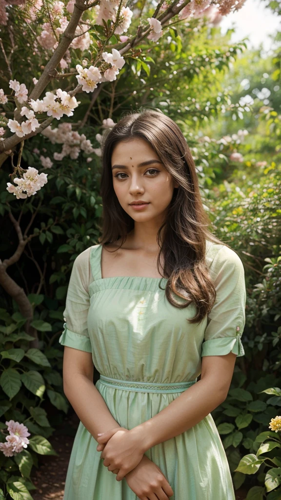 Of a beautiful lord shri krishna , A detailed girl with beautiful eyes and lips, in a garden full of vibrant flowers and lush greenery. The girl is standing gracefully, wearing a flowing dress that matches the colors of the flowers around her. The sunlight spills through the tree branches, casting soft and warm rays on her face and creating a dreamy atmosphere. Her eyes are sparkling with life, and her long eyelashes frame them perfectly. The painting style is a mixture of classical oil painting and contemporary digital art, resulting in a stunning blend of realism and artistic interpretation. The colors are vivid and rich, with a warm color palette that emphasizes the natural beauty of the scene. Every detail is meticulously captured, from the delicate texture of the flowers to the intricate patterns on the girl's dress. The overall composition is balanced and harmonious, inviting viewers to immerse themselves in this enchanting garden.