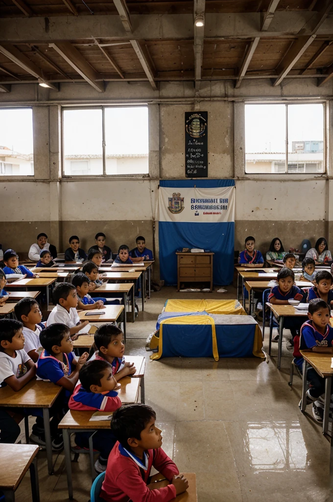 Group of 8-year-old boys and girls of upper-middle social class of Ecuadorian nationality receiving English classes in a large classroom learning from their teacher