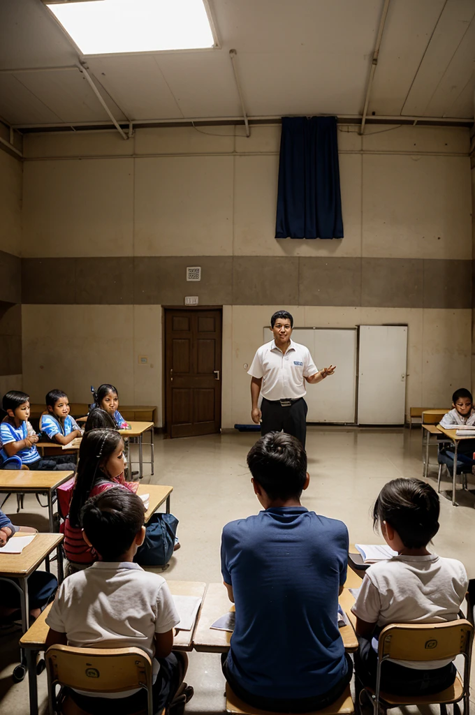 Group of 8--old s and girls of upper-middle social class of Ecuadorian nationality receiving English classes in a large classroom learning from their teacher