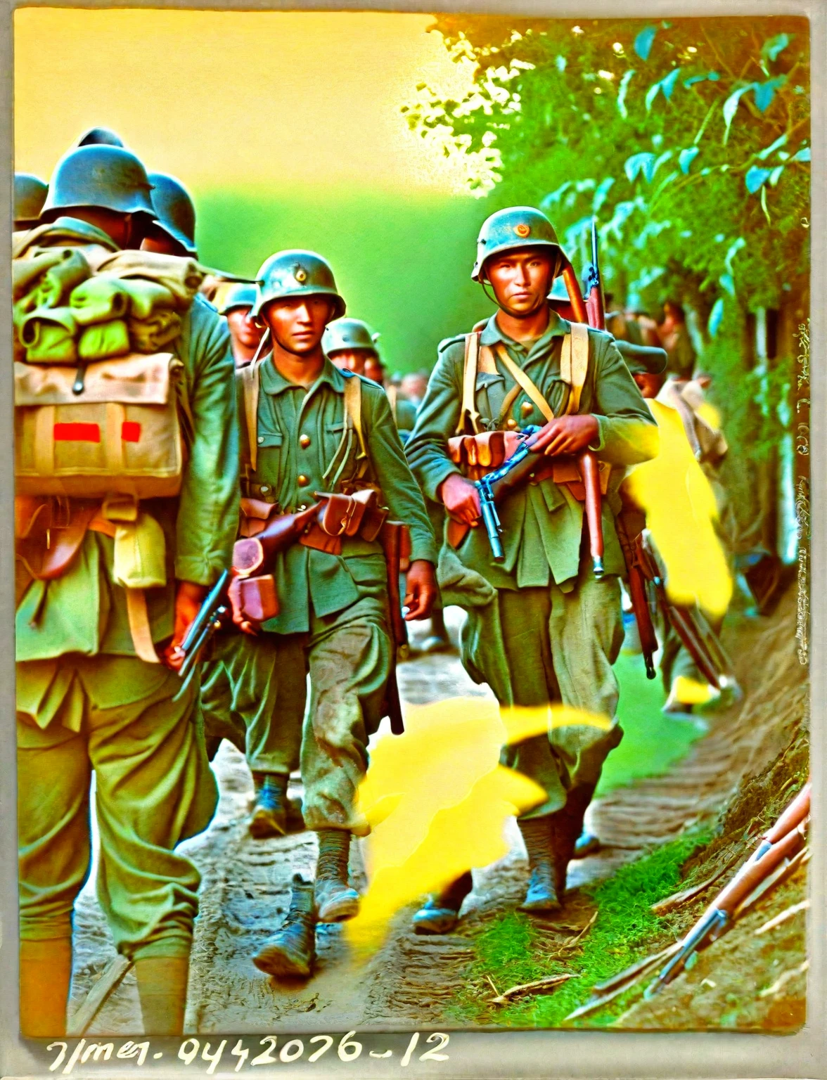 soldiers walking down a path with their weapons in their hands, us soldiers, world war ii military style, ww2 photo, soldiers, korean war, old color photograph, ww2 historical photography, ww 2 historical photography, infantry, wwii, ww2 historical photo, a colorized photo, several soldiers, ww2 era photograph, colorized photograph, ww 2, ww2