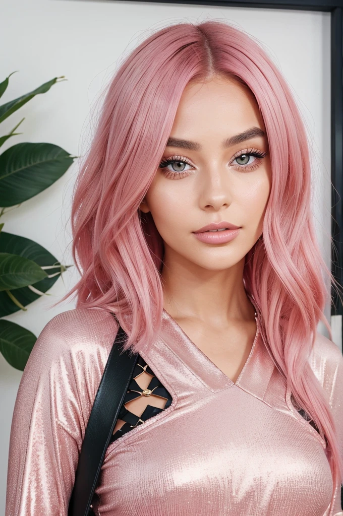 Meet Luna Rose, a digital influencer in her early twenties with fair English skin and vibrant pink hair styled in a chic, tousled bob. She has sharp, well-defined eyebrows, large, sparkling eyes, a slightly upturned nose, and full, naturally glossy lips. Her radiant, dewy skin highlights her high cheekbones, adding elegance to her edgy-chic style. Luna's wardrobe blends bold, statement pieces with sophisticated fashion, accessorized with eye-catching jewelry and handbags. She exudes confidence, charm, and authenticity, captivating a young audience with her creative, fashion-forward content on Instagram, TikTok, YouTube, and .