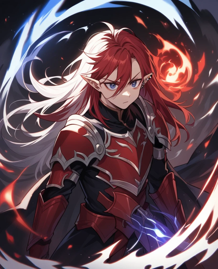 Male,5'4,pierced pointy ears,light skin,red and blue (hetrocromia) eyes, white long hair with red highlights half up half down,red and white armour ,dark magic,on a battlefield with darkness in his eyes as a dark magic aura surrounds him