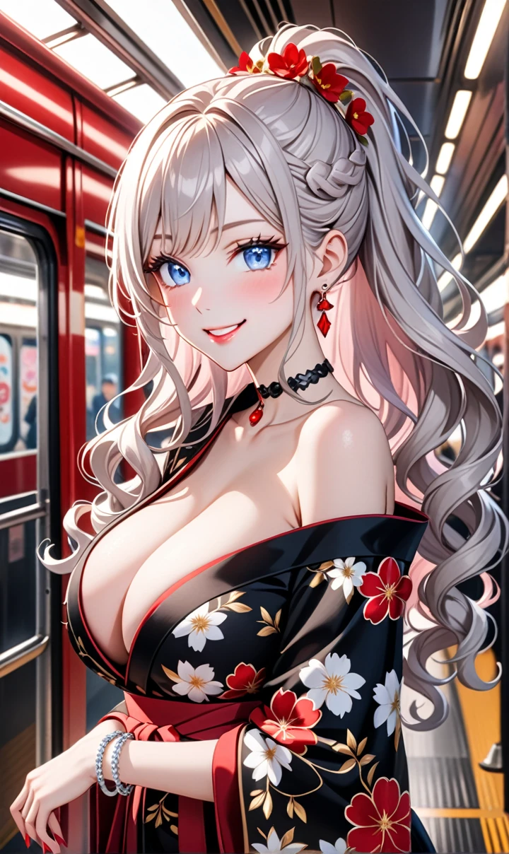 ultra-detailed, ((one girl)), (pale skin:1.4), in pastel colors gyaru, (heavy makeup), (professional lighting) hyper detailed, absurdres, 8K, Beautiful Face, (Laugh shyly), ((teasing smile:1.8)), ((Wink:1.7)), (Laugh with your mouth wide open),((Tilt your face:1.6)), View your viewers, ((Bright red cheeks:1.6)),Glossy Red Lips, ((Big Breasts:1.5)),  ((undressing:1.2)), noon, Getting off the train , ((Anime style background)),masterpiece, Highest quality, so beautiful,Latest, Complex details, (Pink long nails), (nail art), (ring),(bracelet), (Floral Choker),AI-generated, Complex,High resolution, Highest quality, super high quality,3D Images、3D Images,One person,Pastel silver long hair,(High Ponytail), (wavy hair:1.3), Pastel anime woman posing for a photo, ((Fine grain、blue eyes、glowing eyes:1.4)), (Squint your eyes:1.1),a hyperRealistic , hyperRealistic , Realistic,Anime woman with long pastel white hair, Smooth anime CG art, A girl in a gorgeous black kimono, ((Black long-sleeved kimono)),(Pink large floral pattern), Golden embroidery, Long flower hair ornament,Floral Earrings,Mature Body, tall,Narrow waist, ((look back:1.3)),