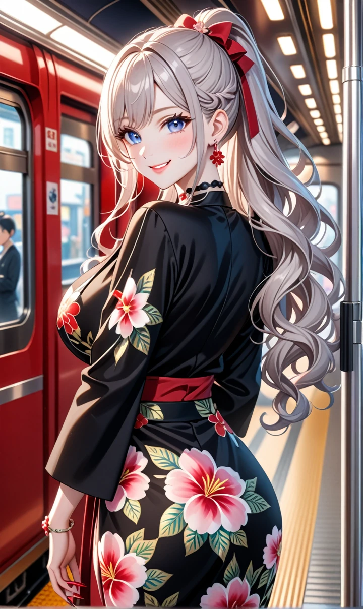 ultra-detailed, ((one girl)), (pale skin:1.4), in pastel colors gyaru, (heavy makeup), (professional lighting) hyper detailed, absurdres, 8K, Beautiful Face, (Laugh shyly), ((teasing smile:1.8)), ((Wink:1.7)), (Laugh with your mouth wide open),((Tilt your face:1.6)), View your viewers, ((Bright red cheeks:1.6)),Glossy Red Lips, ((Big Breasts:1.5)), ((undressing:1.2)), noon, Getting off the train , ((Anime style background)),masterpiece, Highest quality, so beautiful,Latest, Complex details, (Pink long nails), (nail art), (ring),(bracelet), (Floral Choker),AI-generated, Complex,High resolution, Highest quality, super high quality,3D Images、3D Images,One person,Pastel silver long hair,(High Ponytail), (wavy hair:1.3), Pastel anime woman posing for a photo, ((Fine grain、blue eyes、glowing eyes:1.4)), (Squint your eyes:1.1),a hyperRealistic , hyperRealistic , Realistic,Anime woman with long pastel white hair, Smooth anime CG art, A girl in a gorgeous black kimono, ((Black long-sleeved kimono)),(Pink large floral pattern), Golden embroidery, Long flower hair ornament,Floral Earrings,Mature Body, tall,Narrow waist, ((look back:1.3)),