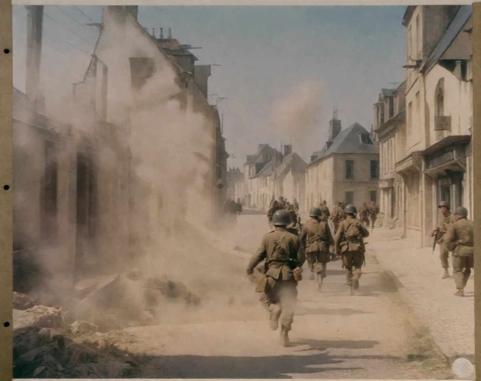 soldiers running down a street in a town with a church in the background, ww 2 normandy foy arnhem 1 9 4 4, ww2 normandy foy arnhem 1944, ww 2 historical photography, ww2 historical photography, ww2 photo, soldiers running, ww2 historical photo, saving private ryan, award winning colorized photo, ww2, ww 2