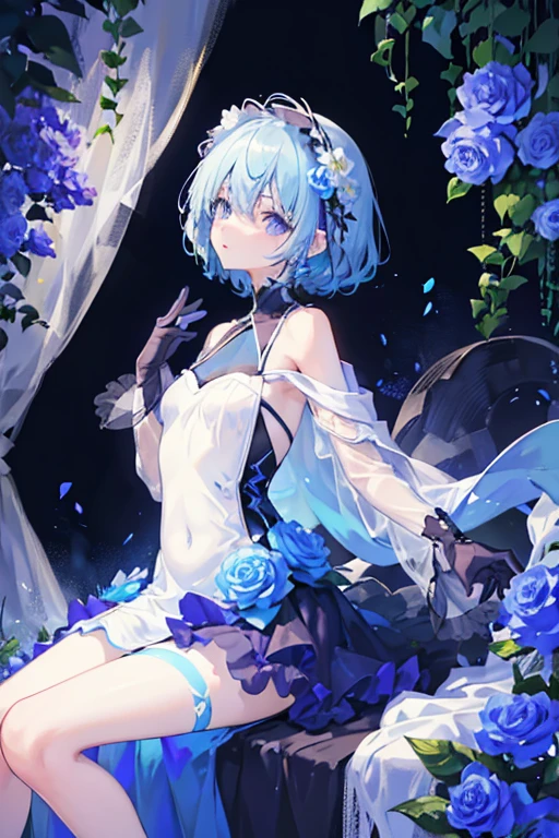 
Asymmetrical Dress: The costume features a one-shoulder dress that flows gracefully down the body. The fabric is light blue and appears to be made of a flowing, sheer material that gives the dress a dynamic and airy feel. Floral Motif: The design incorporates a floral motif, with flowers and vines wrapping around the legs and parts of the torso. The flowers are in shades of blue and purple, adding color and a nature-inspired aesthetic to the outfit. High-Leg Cut: The dress has a high-leg cut on one side, exposing one leg completely while the other side is covered. This creates a striking and elegant silhouette. Glove and Headpiece: The character wears a single, long, dark glove on one hand, adding a touch of contrast to the lightness of the dress. Additionally, there is a headpiece with a floral design that matches the flowers on the legs, contributing to the cohesive theme. Flowing Cape: A long, flowing cape is attached to the back of the dress, enhancing the sense of movement and grace. The cape mirrors the sheer and lightweight quality of the main dress fabric, full body.