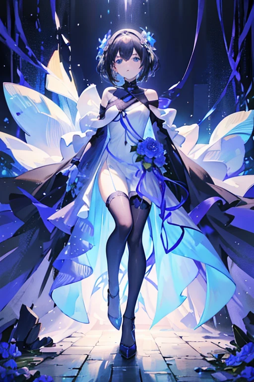 
Asymmetrical Dress: The costume features a one-shoulder dress that flows gracefully down the body. The fabric is light blue and appears to be made of a flowing, sheer material that gives the dress a dynamic and airy feel. Floral Motif: The design incorporates a floral motif, with flowers and vines wrapping around the legs and parts of the torso. The flowers are in shades of blue and purple, adding color and a nature-inspired aesthetic to the outfit. High-Leg Cut: The dress has a high-leg cut on one side, exposing one leg completely while the other side is covered. This creates a striking and elegant silhouette. Glove and Headpiece: The character wears a single, long, dark glove on one hand, adding a touch of contrast to the lightness of the dress. Additionally, there is a headpiece with a floral design that matches the flowers on the legs, contributing to the cohesive theme. Flowing Cape: A long, flowing cape is attached to the back of the dress, enhancing the sense of movement and grace. The cape mirrors the sheer and lightweight quality of the main dress fabric, full body.