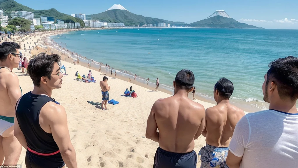 masterpiece, best quality, ultra-detailed, detailed scenery,  beautiful detailed eyes, Angle from the front, (The view from below:1.4), 
Beach, (crowd of men:1.1), (Four Japanese men standing at a distance facing the viewer:1.6), wearing only swim trunks,

beach chairs, beach ball, Beach umbrellas a short distance away, (toy banana boat in the sea:1.1), (Landscape Photography:0.7),