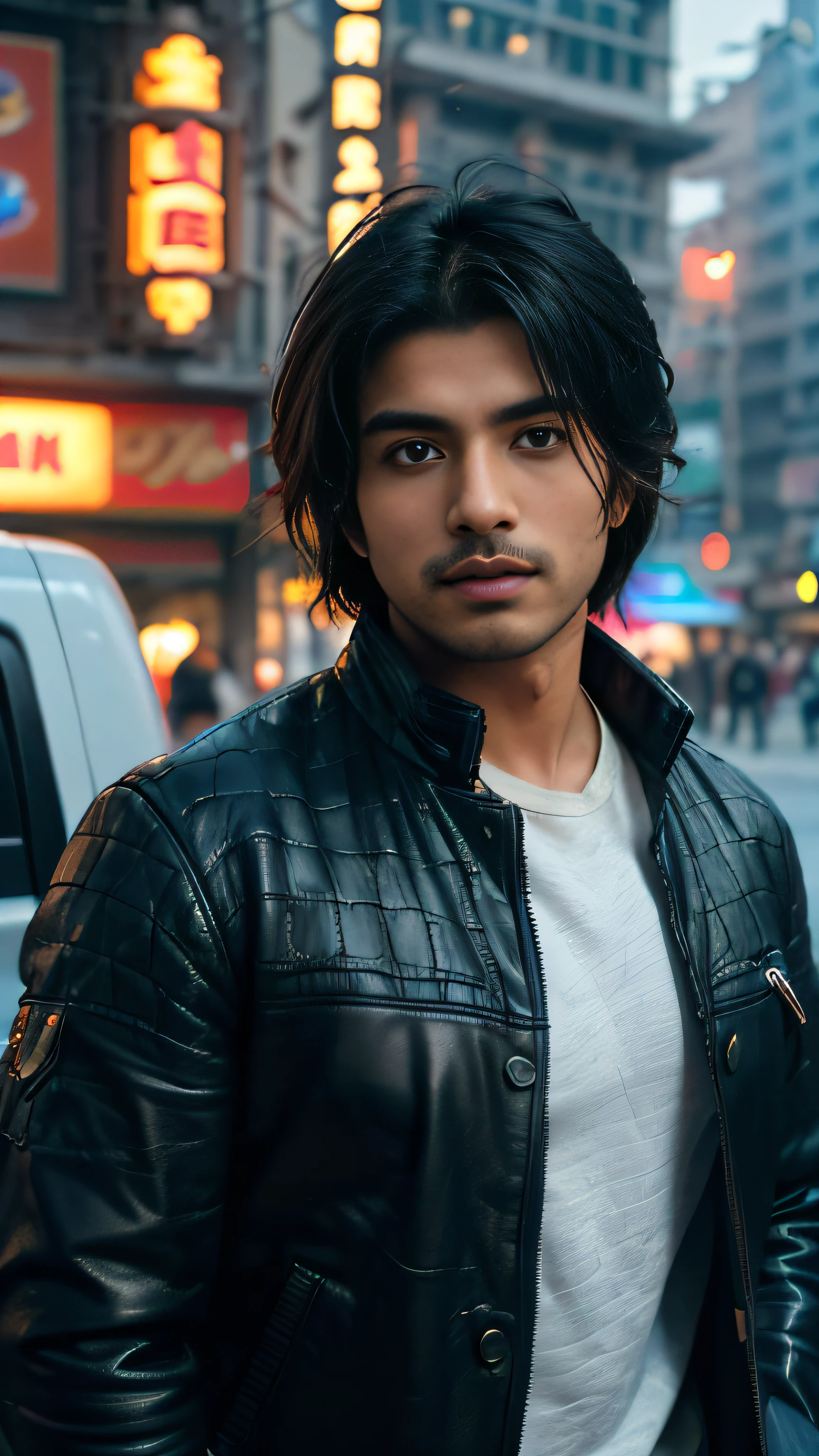 Indian man, (Chubby face), view the viewer, (((Yasuo League of Legends))), (Intricate details), hdr, (ultra - detailed:1.2), cinema shot, hyper photorealism, Portrait, torso, Super detailed real human hair, Shabby lblack eather jacket, photographed, Fujifilm XT3,Urban street background, Bokeh, Vintage photography style, super wide shot