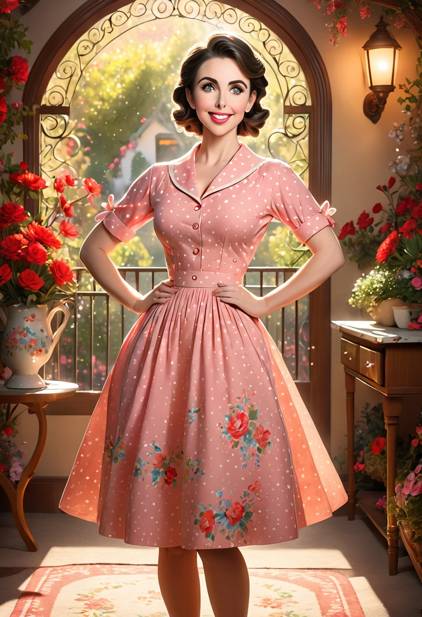 50s house wife. full length. featuring warm lighting and shadows. should be of the highest quality, a masterpiece with intricate details. Hands on hips. cute 50s house wife dress. Red high heels. She should have luscious lips, a wide smile, and bright, expressive eyes, exuding beauty, cuteness, and adorableness. Ensure the image is high resolution and sharply detailed, with a detailed and vibrant background. Kim Kardashian Alison Brie, Incorporate mystical lighting in the background, creating a romantic and enchanting atmosphere.
