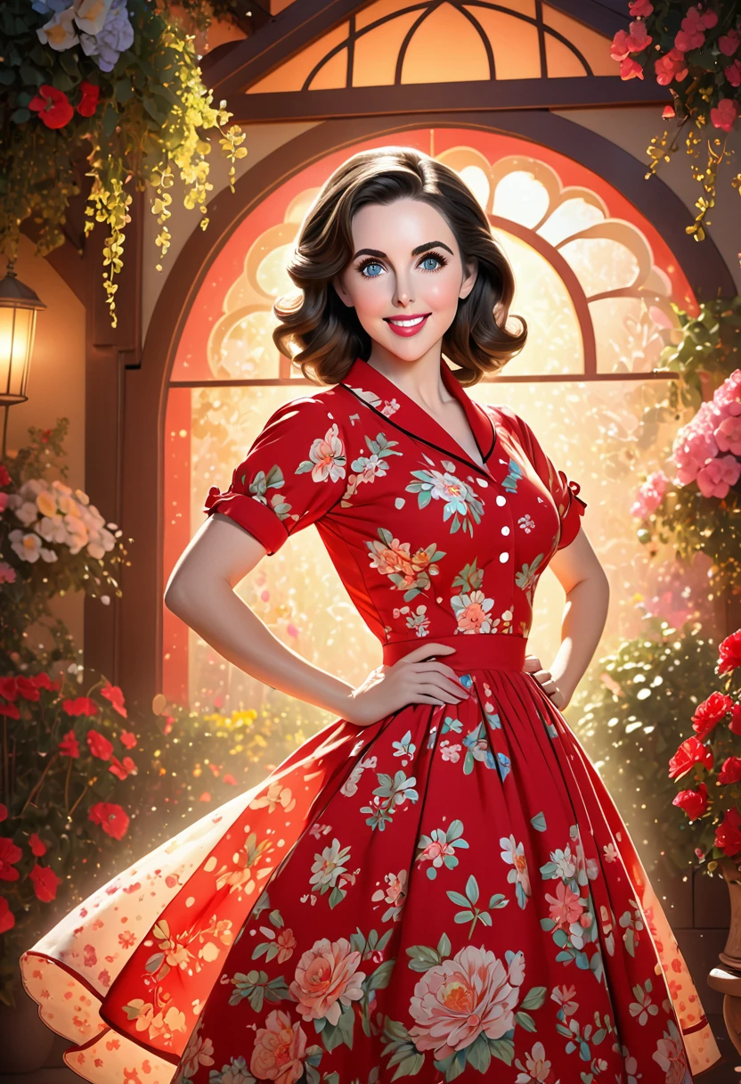 50s house wife. full length. featuring warm lighting and shadows. should be of the highest quality, a masterpiece with intricate details. Hands on hips. cute 50s house wife dress. Red high heels. She should have luscious lips, a wide smile, and bright, expressive eyes, exuding beauty, cuteness, and adorableness. Ensure the image is high resolution and sharply detailed, with a detailed and vibrant background. Kim Kardashian Alison Brie, Incorporate mystical lighting in the background, creating a romantic and enchanting atmosphere.