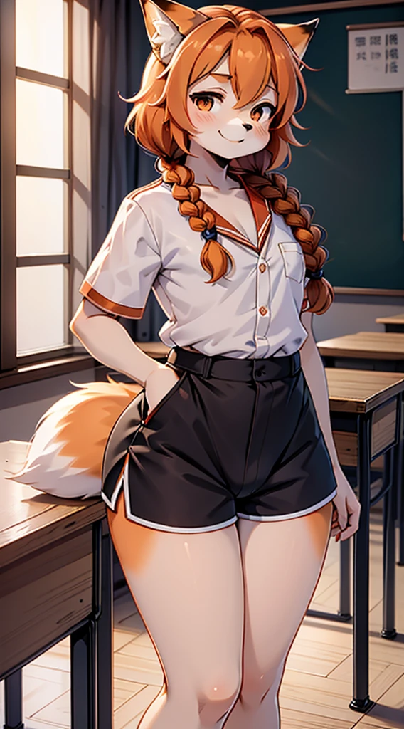 Japanese style high school shirt，cute男孩子，furry，furry，hairy，furry，hairy，furry，Body hair，Hair covers the whole body，Gentle smile，shota，Anthropomorphic Fox，Fox Girl，小braid，braid，Youthful feeling，Close-up above the waist，Hip bulge，Bulge between the thighs，Hip bulge，cute，Orange hair，Orange hair all over body，全身Orange hair，Japanese school uniform shirt，shorts，shorts，Big butt，Petite figure，Thin waist，Slim figure，Classroom Background，Indoor background，Campus style，individual，individual，individual，Q version style，American anime style，femboy，femboy，Oval face