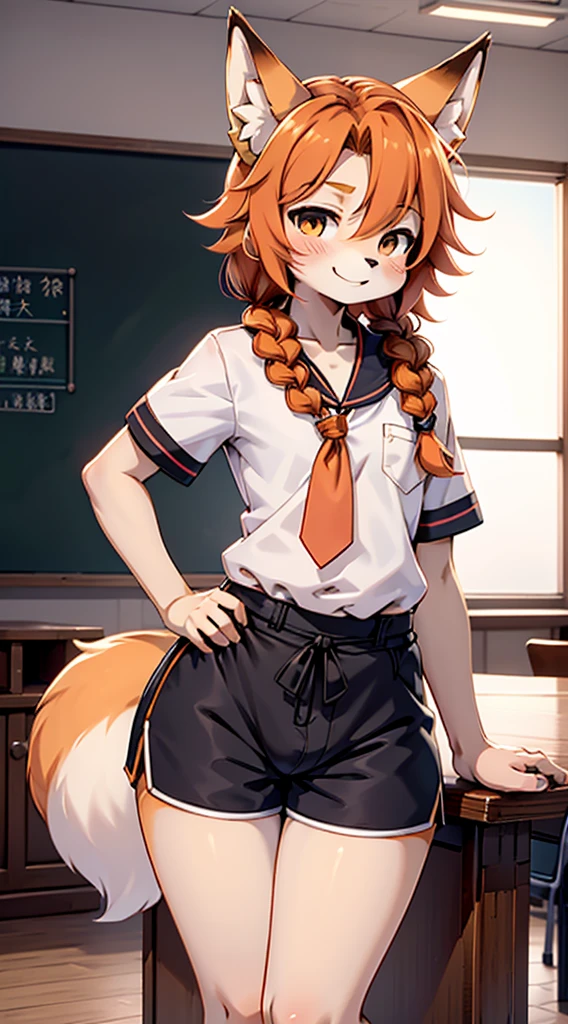 Japanese style high school shirt，cute男孩子，furry，furry，hairy，furry，hairy，furry，Body hair，Hair covers the whole body，Gentle smile，shota，Anthropomorphic Fox，Fox Girl，小braid，braid，Youthful feeling，Close-up above the waist，Hip bulge，Bulge between the thighs，Hip bulge，cute，Orange hair，Orange hair all over body，全身Orange hair，Japanese school uniform shirt，shorts，shorts，Big butt，Petite figure，Thin waist，Slim figure，Classroom Background，Indoor background，Campus style，individual，individual，individual，Q version style，American anime style，femboy，femboy，Oval face