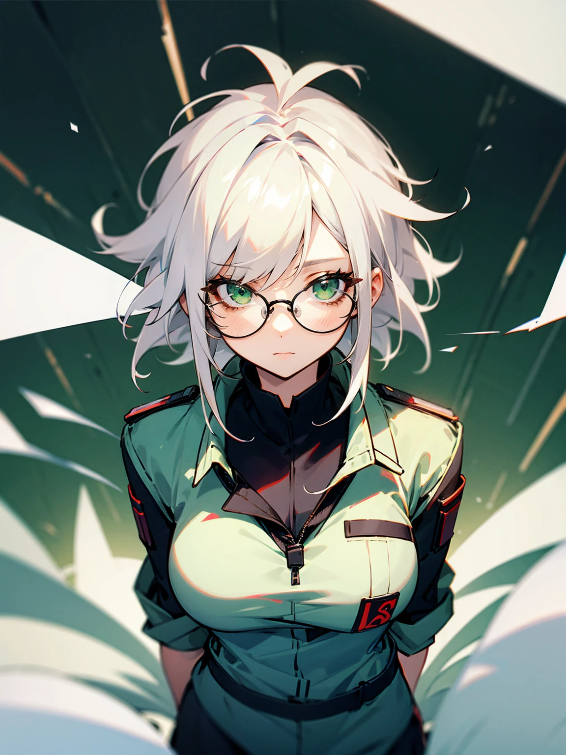 1female, adult, white hair, messy hair, glasses, green eyes, assistant outfit, office