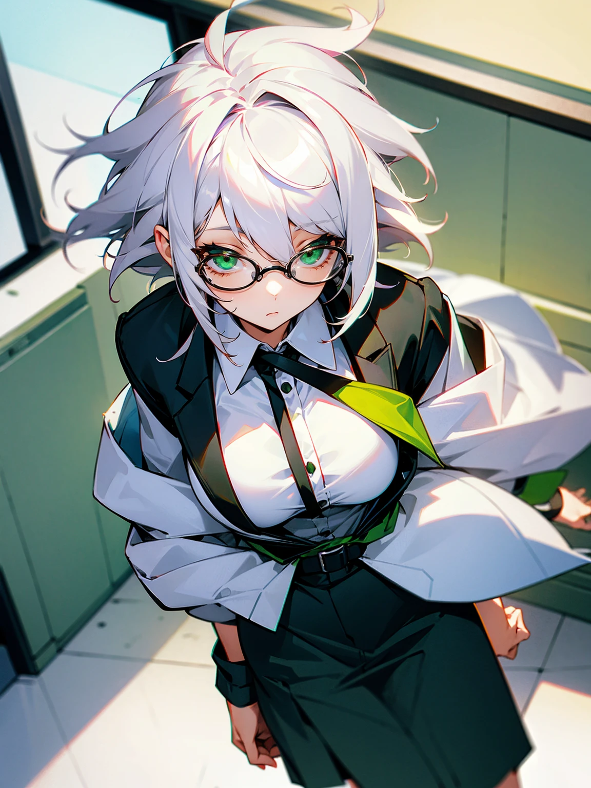 1female, adult, white hair, messy hair, glasses, green eyes, assistant outfit, office