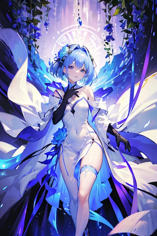 Asymmetrical Dress: The costume features a one-shoulder dress that flows gracefully down the body. The fabric is light blue and appears to be made of a flowing, sheer material that gives the dress a dynamic and airy feel. Floral Motif: The design incorporates a floral motif, with flowers and vines wrapping around the legs and parts of the torso. The flowers are in shades of blue and purple, adding color and a nature-inspired aesthetic to the outfit. High-Leg Cut: The dress has a high-leg cut on one side, exposing one leg completely while the other side is covered. This creates a striking and elegant silhouette. Glove and Headpiece: The character wears a single, long, dark glove on one hand, adding a touch of contrast to the lightness of the dress. Additionally, there is a headpiece with a floral design that matches the flowers on the legs, contributing to the cohesive theme. Flowing Cape: A long, flowing cape is attached to the back of the dress, enhancing the sense of movement and grace. The cape mirrors the sheer and lightweight quality of the main dress fabric, full body.