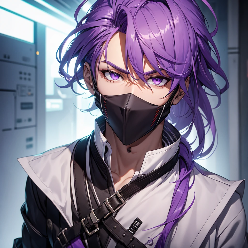 make a man with purple hair. he must have orange eyes and be in a futuristic setting. he must have a mask.