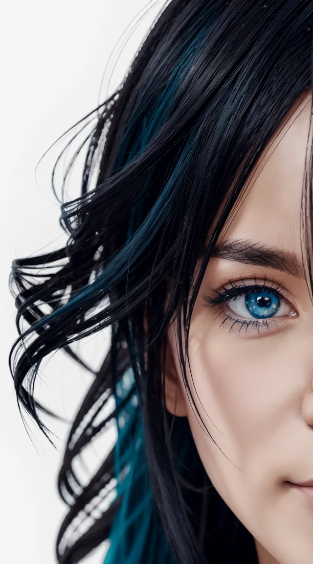 Bblack hair, アニメ, 吉卜力, estilo アニメ, close up, from sideways, first-person perspective, 8K, super detaill, work of art,super detaill, high qualiy, high resolution, high détail, White background, face detail, happiness, curly hair, blue colored eyes