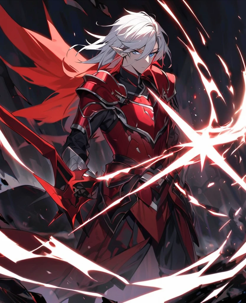 Male,5'4,pierced pointy ears,light skin,red and blue (hetrocromia) eyes, white long hair with red highlights half up half down,red and white armour ,dark magic,on a battlefield with darkness in his eyes as a dark magic aura surrounds him