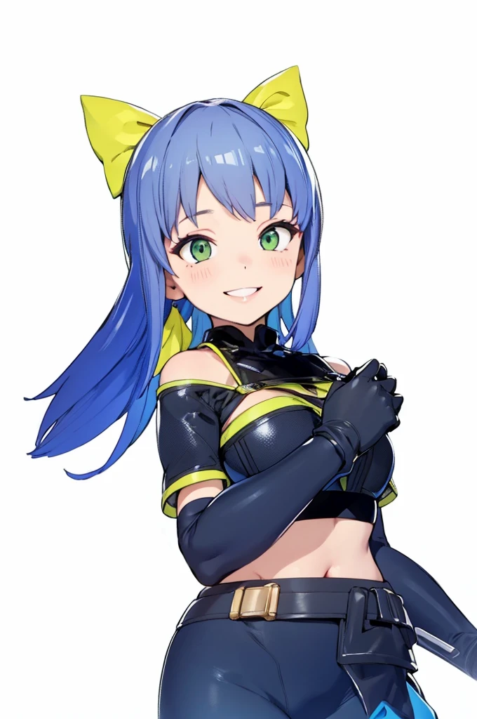 beautiful girl,smile,happy,Black Gloves,Slim fit,Green Eyes,Blue Hair,Yellow ribbon,4K,8K,Highest quality