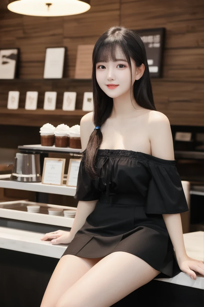 masterpiece: 1.3), (8K, Photorealistic, Raw photography, Best image quality: 1.4), Chubby Chinese girl, 19 years old, (Random hairstyle: 1.2), full body Super Detailed skin Detailed, sharp focus 1.3 beautiful woman : 1.4 light black hair top quality masterpiece、超 High resolution (Photorealistic: 1.4), Slight smile, watch, very detailed and professional lighting Casual off-shoulders Out-shoulders, and black mini skirt, Serious facial expression, Sitting on the coffee shop terr