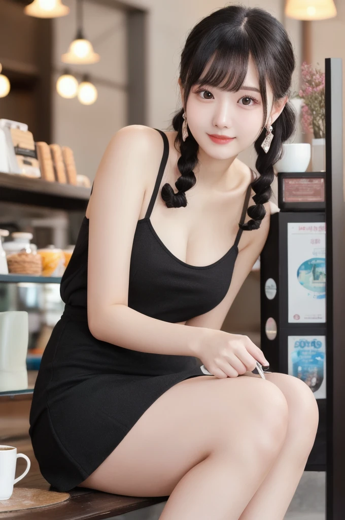 masterpiece: 1.3), (8K, Photorealistic, Raw photography, Best image quality: 1.4), Chubby Chinese girl, 19 years old, (Random hairstyle: 1.2), full body Super Detailed skin Detailed, sharp focus 1.3 beautiful woman : 1.4 light black hair top quality masterpiece、超 High resolution (Photorealistic: 1.4), Slight smile, watch, very detailed and professional lighting Casual off-shoulders Out-shoulders, and black mini skirt, Serious facial expression, Sitting on the coffee shop terr