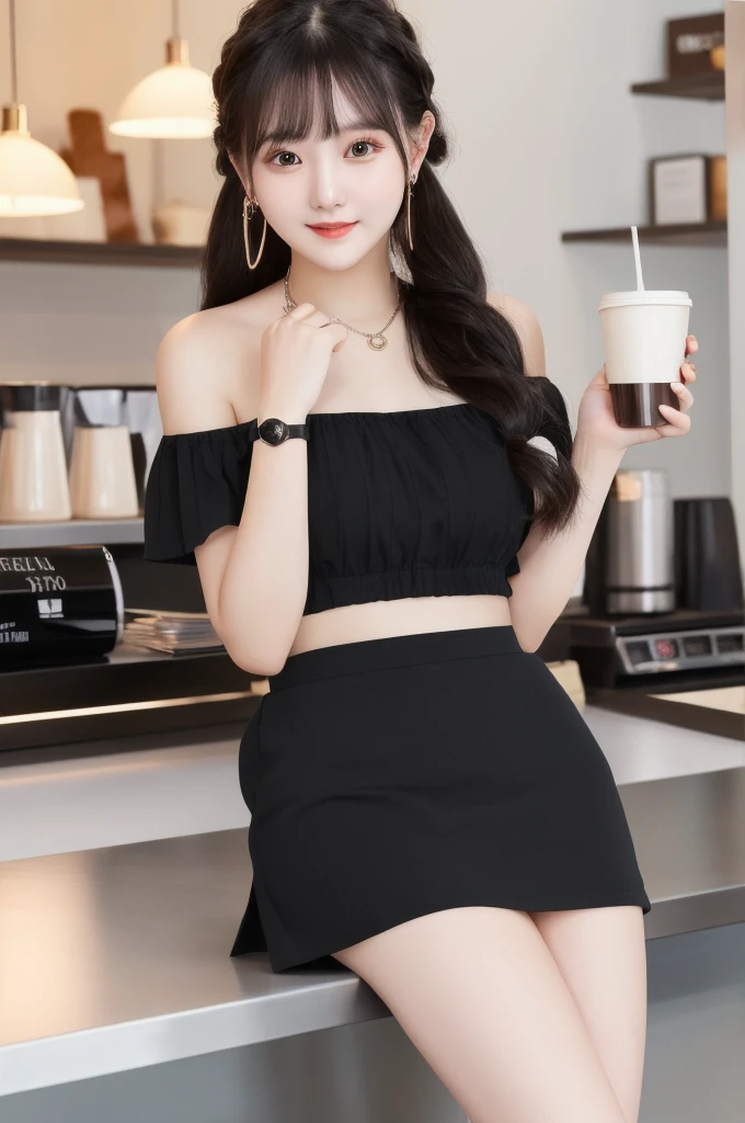 masterpiece: 1.3), (8K, Photorealistic, Raw photography, Best image quality: 1.4), Chubby Chinese girl, 19 years old, (Random hairstyle: 1.2), full body Super Detailed skin Detailed, sharp focus 1.3 beautiful woman : 1.4 light black hair top quality masterpiece、超 High resolution (Photorealistic: 1.4), Slight smile, watch, very detailed and professional lighting Casual off-shoulders Out-shoulders, and black mini skirt, Serious facial expression, Sitting on the coffee shop terr