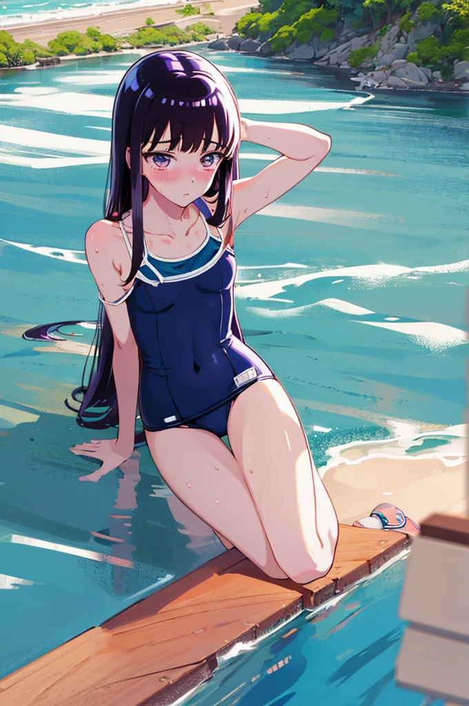 School Swimsuit,,Blushing、Pale brown eyes、Dark purple hair、Semi-long hair、Head to toe full body、Blushing、Embarrassed look、Composition from the front、A view from slightly below、school swimwear、Acme Face、Random pose、, 、nsfw、Highest quality、1 girl、solo、Ocean、Sandy Beach、Sexy pose、Random pose、Blushing、Wet、Embarrassed、I can see half of my 、、One piece swimsuit、(Strap slip:1.3)、School Swimsuit
