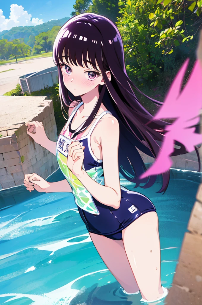 School Swimsuit,,Blushing、Pale brown eyes、Dark purple hair、Semi-long hair、Head to toe full body、Blushing、Embarrassed look、Composition from the front、A view from slightly below、school swimwear、Acme Face、Random pose、, 、nsfw、Highest quality、1 girl、solo、Ocean、Sandy Beach、Sexy pose、Random pose、Blushing、Wet、Embarrassed、I can see half of my 、、One piece swimsuit、(Strap slip:1.3)、School Swimsuit
