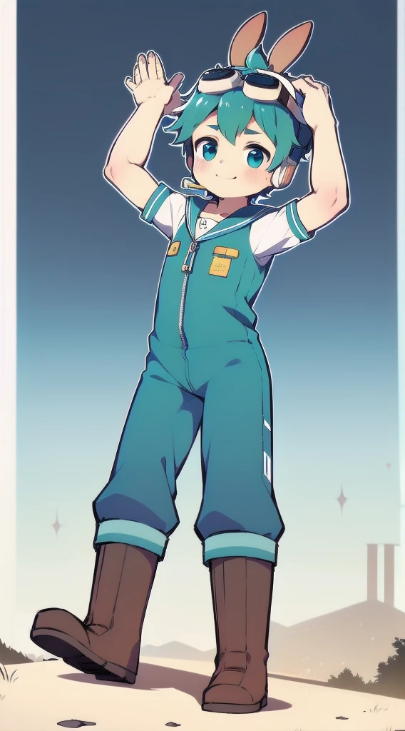 2D Shonen Shota,Dark green jumpsuit,Slim, healthy body,Put the headphones on your head,stand up,goggles,Rabbit ears,Happy,Sailor collar,boots,charming,Akimbo