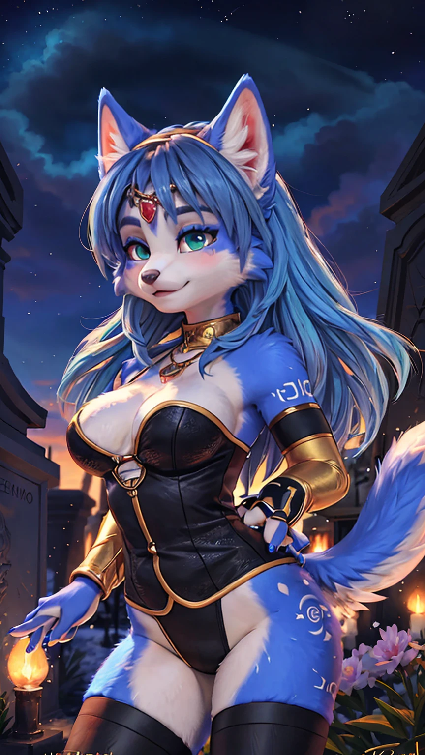 A beautiful and detailed (sweet portrait) wa ((Krystal)), Star Fox Krystal, sslim, lovable, green eyes, medium breasts, (((Long blue hair 1.3))), Decollete, anthro, furry, Uploaded E621, detailed fluffy fur, (wa Fluff-Kevlar, Bayard Wu, Personalami, Pino Daeni), detailed face, (fluffy), 1 girl, alone, sweet girl, Vampir-Dame, Sucubo Girl, High Resolution, wichgirl, driven body, Magic girl, Cemetery landscape, Skeleton hands come out of the ground and grab, Vampire