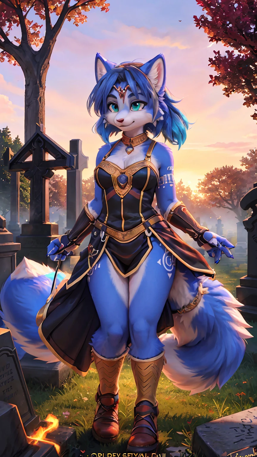 A beautiful and detailed (sweet portrait) wa ((Krystal)), Star Fox Krystal, sslim, lovable, green eyes, medium breasts, (((Long blue hair 1.3))), Decollete, anthro, furry, Uploaded E621, detailed fluffy fur, (wa Fluff-Kevlar, Bayard Wu, Personalami, Pino Daeni), detailed face, (fluffy), 1 girl, alone, sweet girl, Vampir-Dame, Sucubo Girl, High Resolution, wichgirl, driven body, Magic girl, Cemetery landscape, Skeleton hands come out of the ground and grab, Vampire