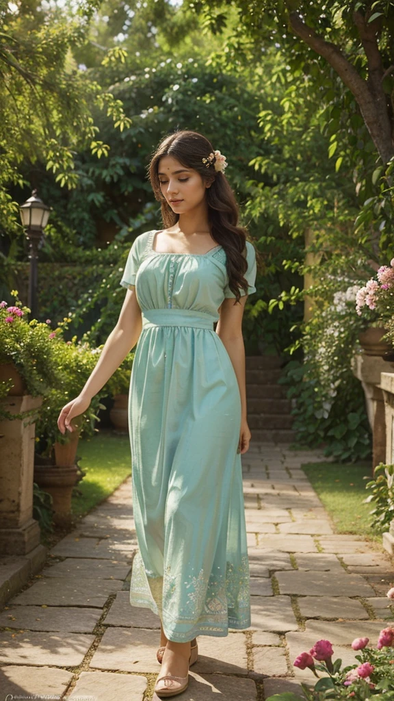 ((full body view)) Of a beautiful lord shri krishna , A detailed girl with beautiful eyes and lips, in a garden full of vibrant flowers and lush greenery. The girl is standing gracefully, wearing a flowing dress that matches the colors of the flowers around her. The sunlight spills through the tree branches, casting soft and warm rays on her face and creating a dreamy atmosphere. Her eyes are sparkling with life, and her long eyelashes frame them perfectly. The painting style is a mixture of classical oil painting and contemporary digital art, resulting in a stunning blend of realism and artistic interpretation. The colors are vivid and rich, with a warm color palette that emphasizes the natural beauty of the scene. Every detail is meticulously captured, from the delicate texture of the flowers to the intricate patterns on the girl's dress. The overall composition is balanced and harmonious, inviting viewers to immerse themselves in this enchanting garden.