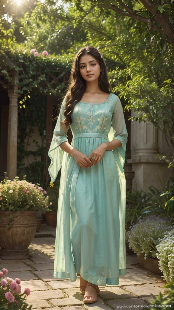 ((full body view)) Of a beautiful lord shri krishna , A detailed girl with beautiful eyes and lips, in a garden full of vibrant flowers and lush greenery. The girl is standing gracefully, wearing a flowing dress that matches the colors of the flowers around her. The sunlight spills through the tree branches, casting soft and warm rays on her face and creating a dreamy atmosphere. Her eyes are sparkling with life, and her long eyelashes frame them perfectly. The painting style is a mixture of classical oil painting and contemporary digital art, resulting in a stunning blend of realism and artistic interpretation. The colors are vivid and rich, with a warm color palette that emphasizes the natural beauty of the scene. Every detail is meticulously captured, from the delicate texture of the flowers to the intricate patterns on the girl's dress. The overall composition is balanced and harmonious, inviting viewers to immerse themselves in this enchanting garden.
