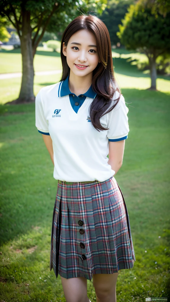 (8K, RAW photo, highest quality, masterpiece:1.3), (realistic, photo-realistic:1.4), (Highly detailed 8K wallpaper), sharp focus, Depth of written boundary,
japanese idol,very cute,(), (extremely detailed 8k wallpaper),photorealistic,detailed skin,raw photo,1 girl,(japanese high school uniform),17 years idol,((polo shirts)),(drooping eyes),tareme,plaid skirts,smile,arms behind back,slender,small breast,button gap,skirt lift