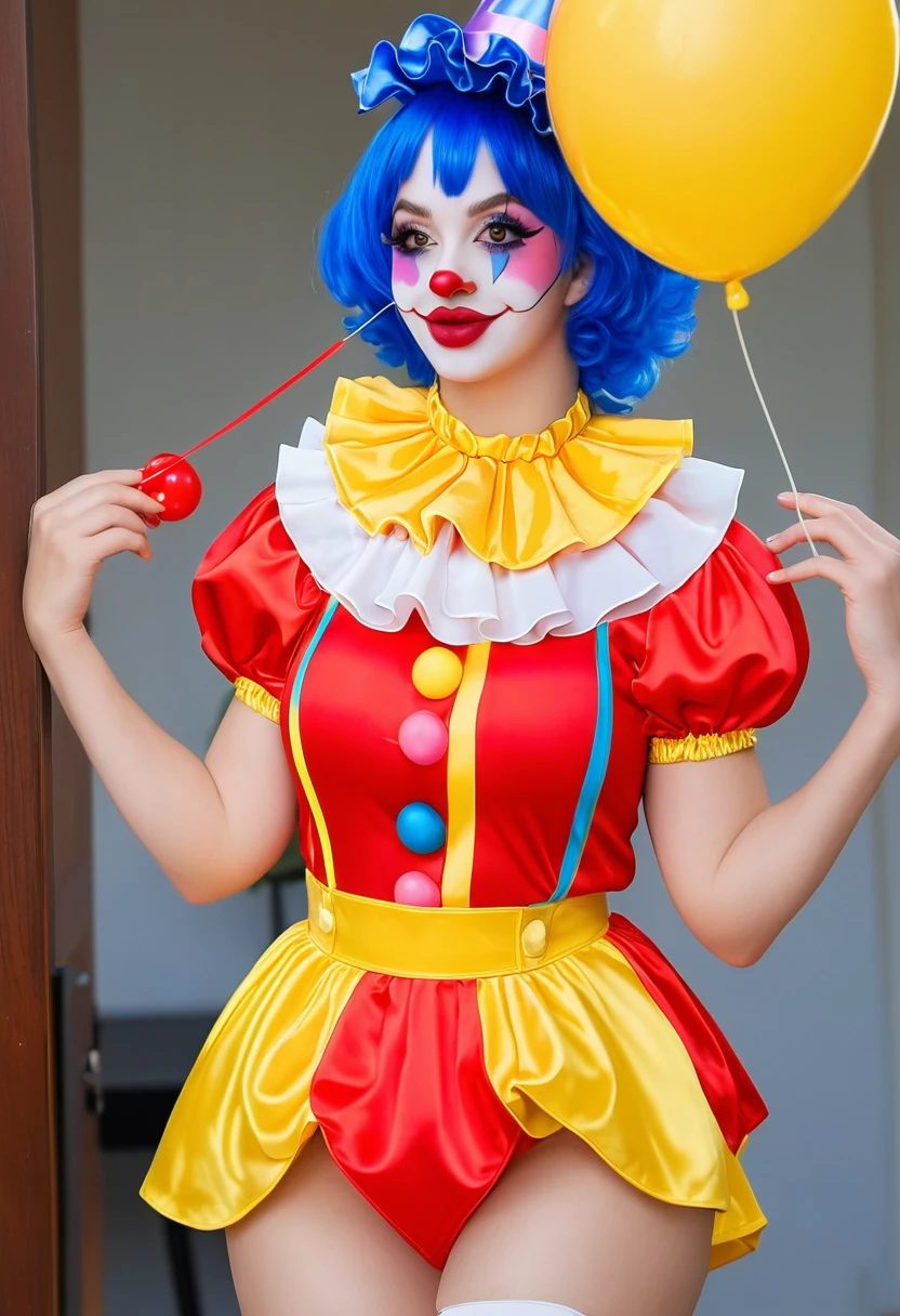 ((high quality:1.2)), (8k), extremely detailed, ((High detail:1.2)), ((best resolution:1.4)), Solo, 24 years old brazilian female, ((sexy clown outfit)),
