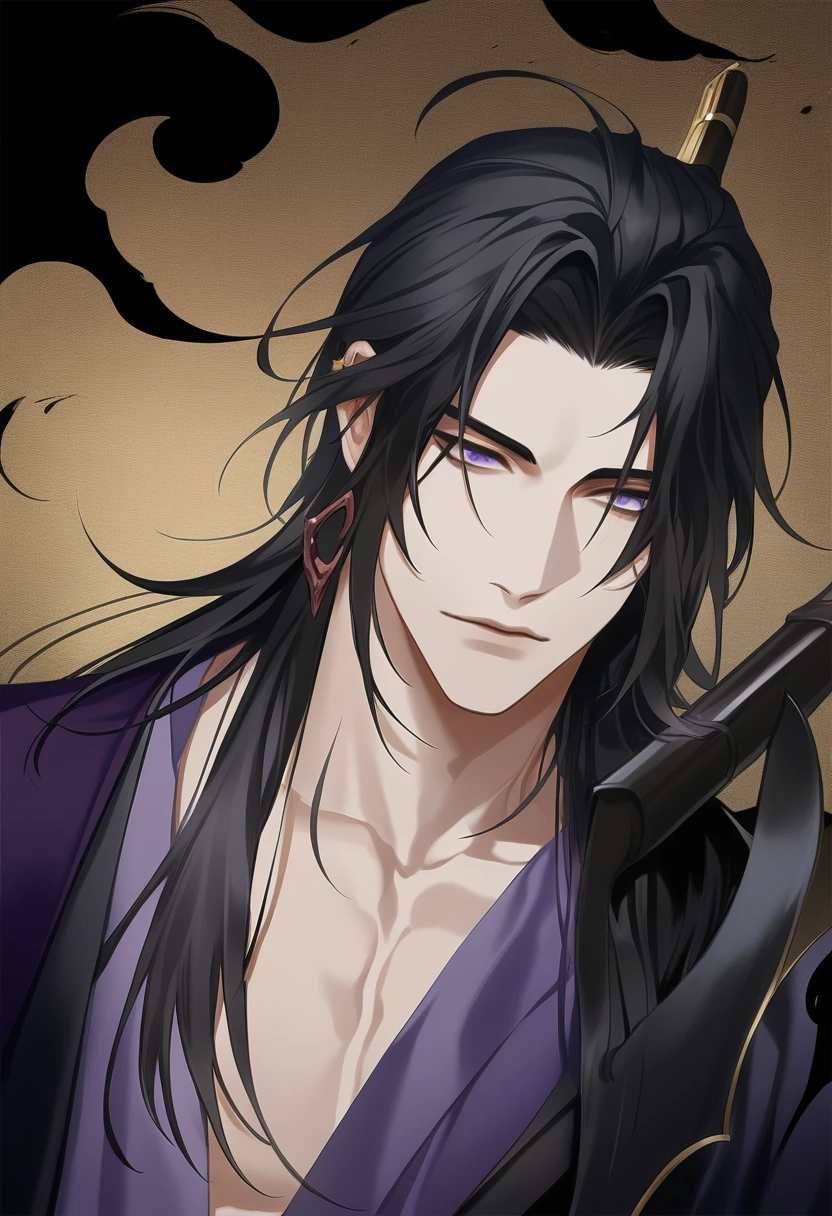 (masterpiece, best quality:1.2), 1male, solo, jiang cheng, mo dao zu shi, mdzs, purple and black clothes, purple eyes, long black hair, perfect anatomy