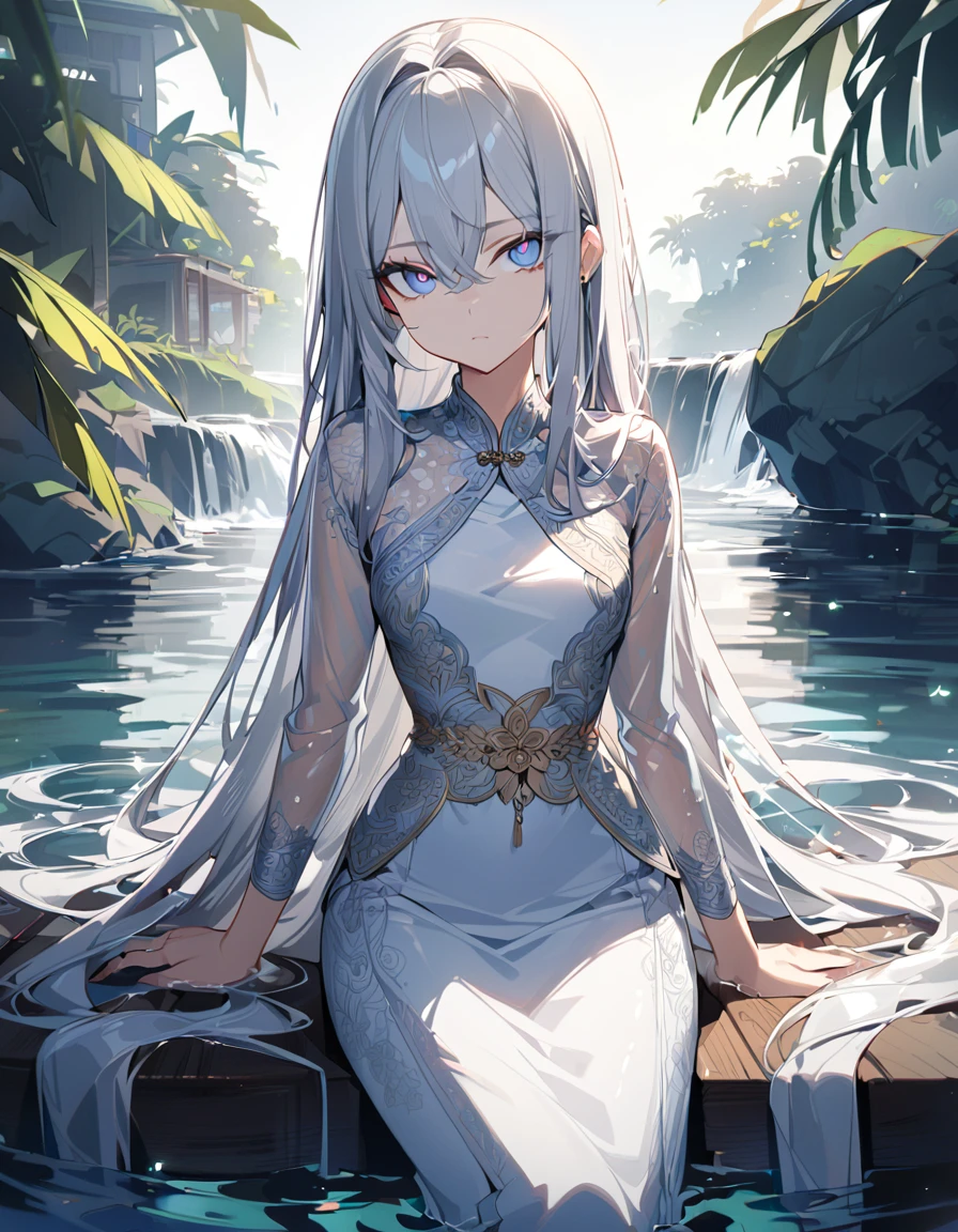 One girl, masterpiece, best quality, beautiful, expressionless, big eyes, blue pupils, silver hair, long hair, kebaya, Indonesian national dress, water, anime