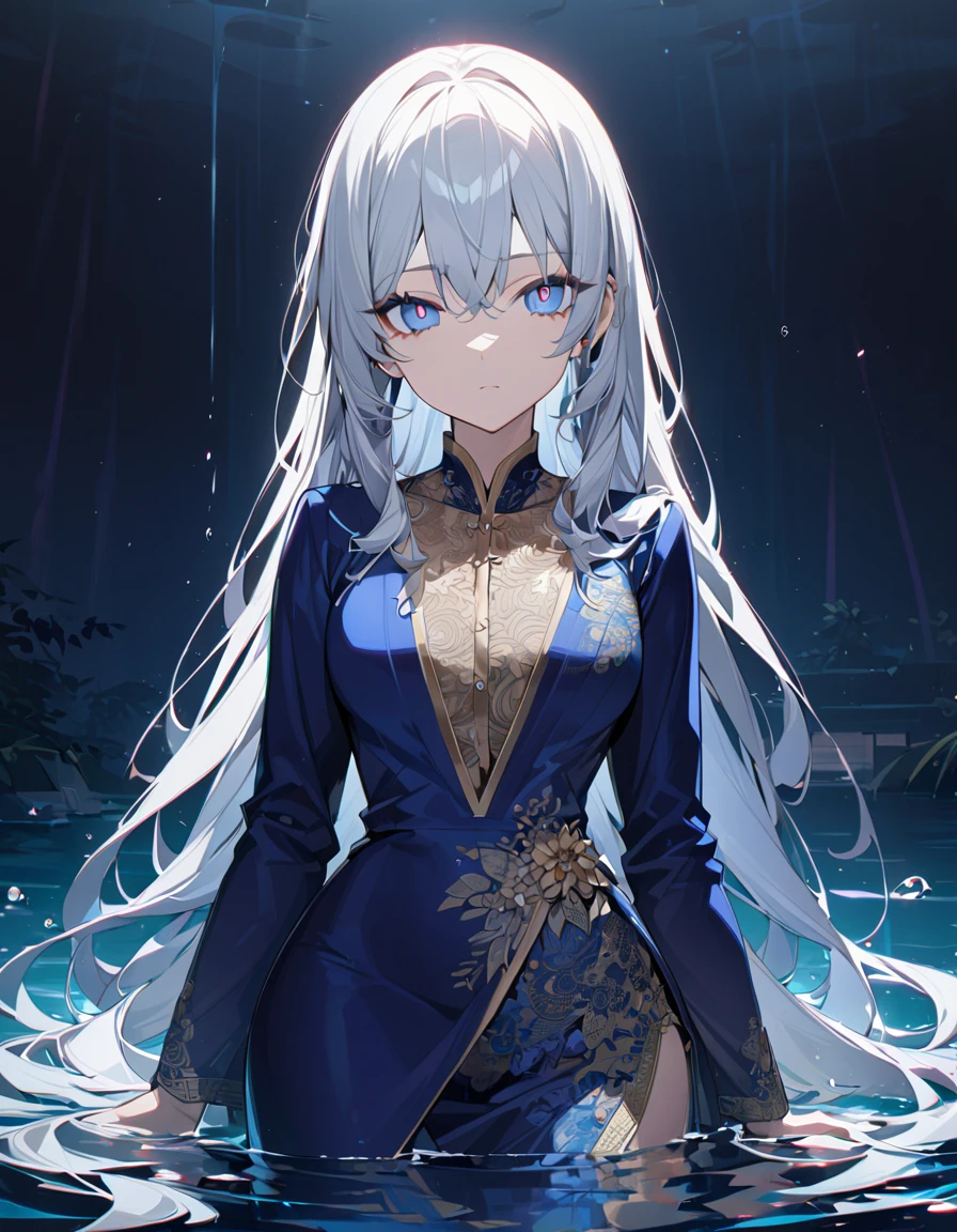 One girl, masterpiece, best quality, beautiful, expressionless, big eyes, blue pupils, silver hair, long hair, kebaya, Indonesian national dress, water, anime
