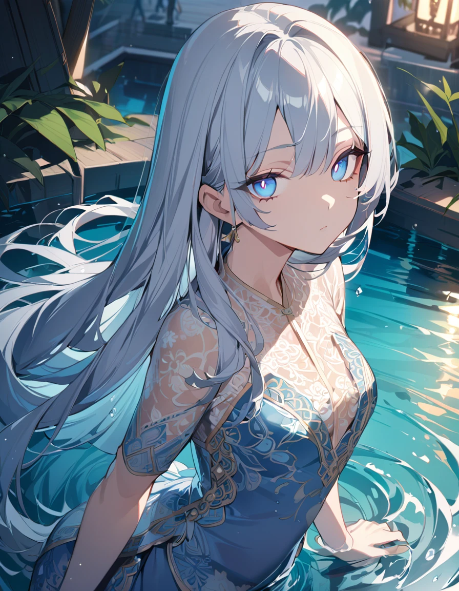 One girl, masterpiece, best quality, beautiful, expressionless, big eyes, blue pupils, silver hair, long hair, kebaya, Indonesian national dress, water, anime