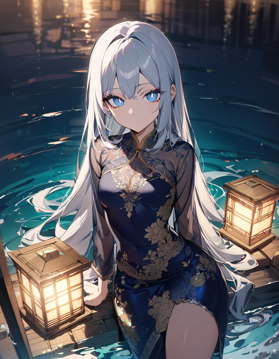 One girl, masterpiece, best quality, beautiful, expressionless, big eyes, blue pupils, silver hair, long hair, kebaya, Indonesian national dress, water, anime