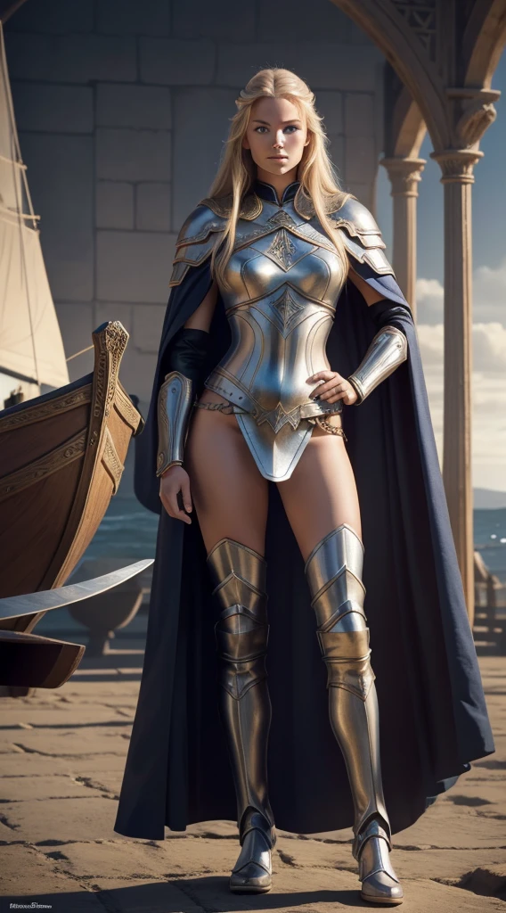 ((Full-length photo, standing, feet on the ground)) Gorgeous Woman, Valkyrie, Long blonde hair, blue eyes, detailed facial features, proportional hands, proportional fingers, leather armor, fur cape, viking ship,