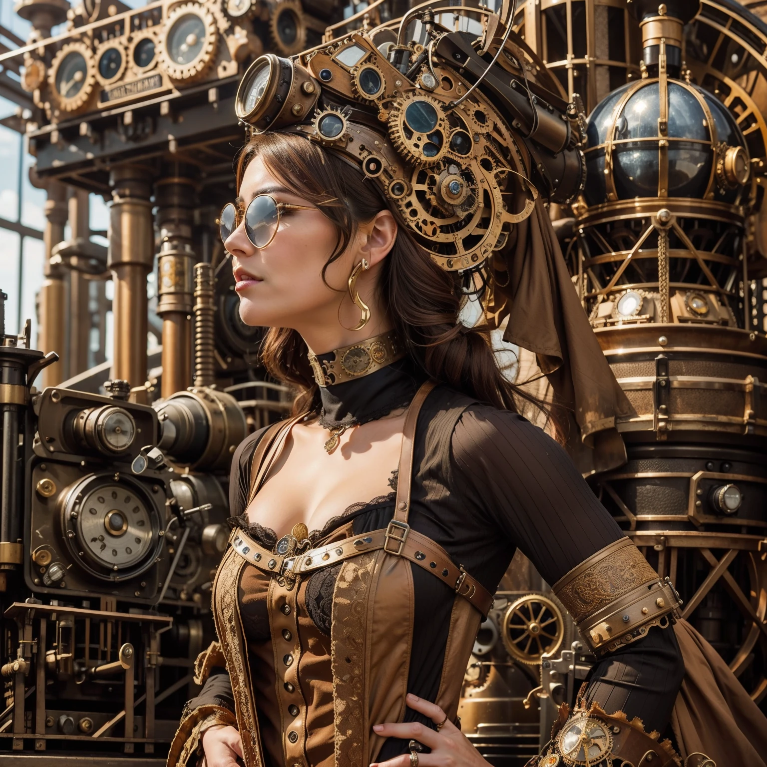 A beautiful steampunk woman with steampunk clothes in the foreground and a huge steampunk machinery mechanical in the background