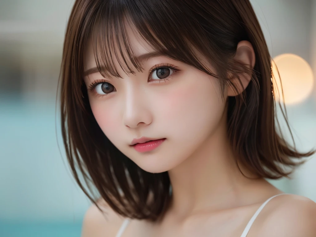 (8K.Highest quality), (beautiful)、Very delicate eyes、Brown eyes、22-year-old female、Brown Hair、Embarrassed、Looking into the camera、Semi-short hair、Gal、Soft boobs、Open your mouth、Micro Bikini、solo、Fine skin、Prone