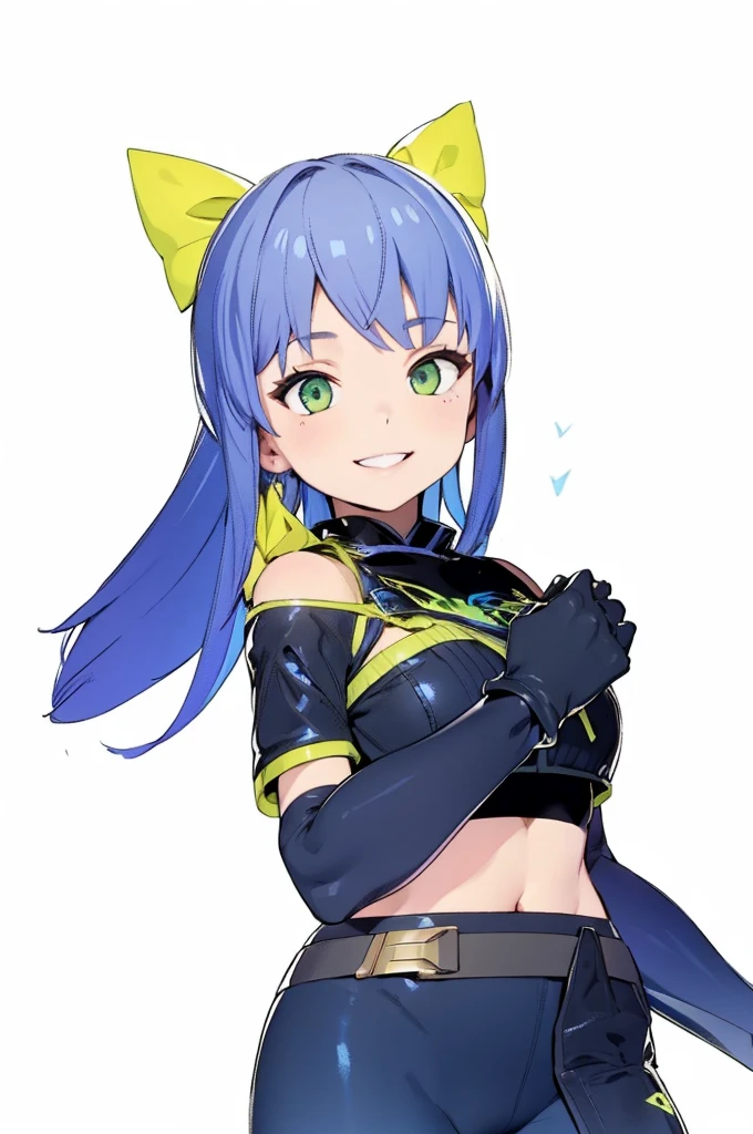 beautiful girl,smile,happy,Black Gloves,Slim fit,Green Eyes,Blue Hair,Yellow ribbon,4K,8K,Highest quality